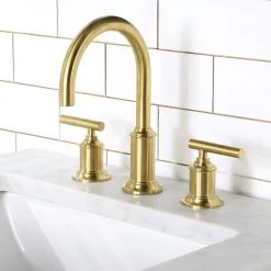 Water Creation 8 In. Widespread 2-Handle Modern Gooseneck Bathroom Faucet with Pop-Up Drain in Satin Gold PVD