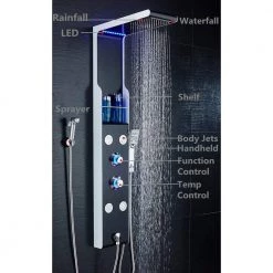 ELLO&ALLO 53 in. 4-Jet Shower Panel System with Shelf LED Rainfall Waterfall Head Handshower and Bidet Sprayer in Silver Black -Bathroom Faucets Store silver and black ello allo shower towers 9803 f3 04 03 02 4f 1000