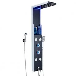 ELLO&ALLO 53 in. 4-Jet Shower Panel System with Shelf LED Rainfall Waterfall Head Handshower and Bidet Sprayer in Silver Black -Bathroom Faucets Store silver and black ello allo shower towers 9803 f3 04 03 02 c3 1000