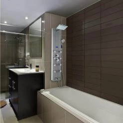 AKDY 52 in. 8-Jet Shower Panel System in Gray Tempered Glass with Rainfall Shower Head, LED Display, Handshower and Tub Spout -Bathroom Faucets Store silver tempered glass akdy shower towers sp0110 31 1000