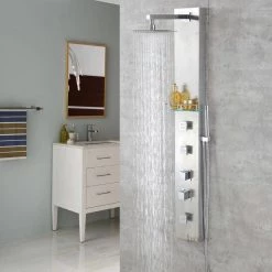 LUXIER 55 in. 3-Jet Full Body Thermostatic Shower System Panel with Rainfall Shower Head Hand Shower in Stainless Steel -Bathroom Faucets Store stainless steel luxier shower towers sp21 cec 31 1000