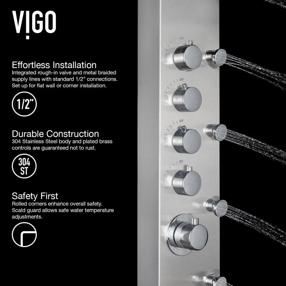 VIGO Brielle 70.5 in. 6-Jet Shower Panel System with Fixed Rainhead in Stainless Steel 7 VIGO Brielle 70.5 in. 6-Jet Shower Panel System with Fixed Rainhead in Stainless Steel - Image 7