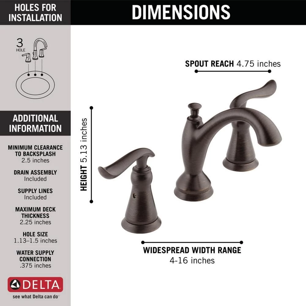 Delta Linden 8 in. Widespread 2-Handle Bathroom Faucet with Metal Drain Assembly in Venetian Bronze 3 Delta Linden 8 in. Widespread 2-Handle Bathroom Faucet with Metal Drain Assembly in Venetian Bronze - Image 3