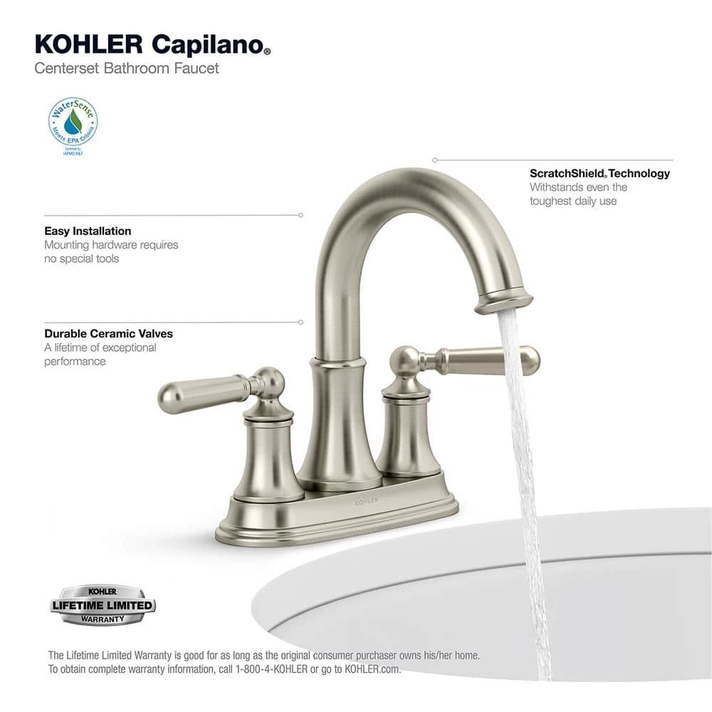 KOHLER Capilano 4 in. Centerset 2-Handle Bathroom Faucet in Vibrant Brushed Nickel 4 KOHLER Capilano 4 in. Centerset 2-Handle Bathroom Faucet in Vibrant Brushed Nickel - Image 4