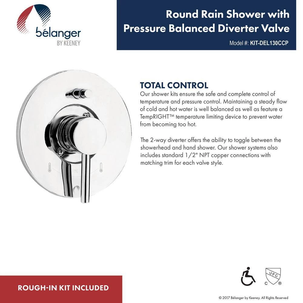 KEENEY Belanger 1-Spray Round Hand Shower and Showerhead from Wall Combo Kit with Slide Bar and Valve in Polished Chrome 3 KEENEY Belanger 1-Spray Round Hand Shower and Showerhead from Wall Combo Kit with Slide Bar and Valve in Polished Chrome - Image 3