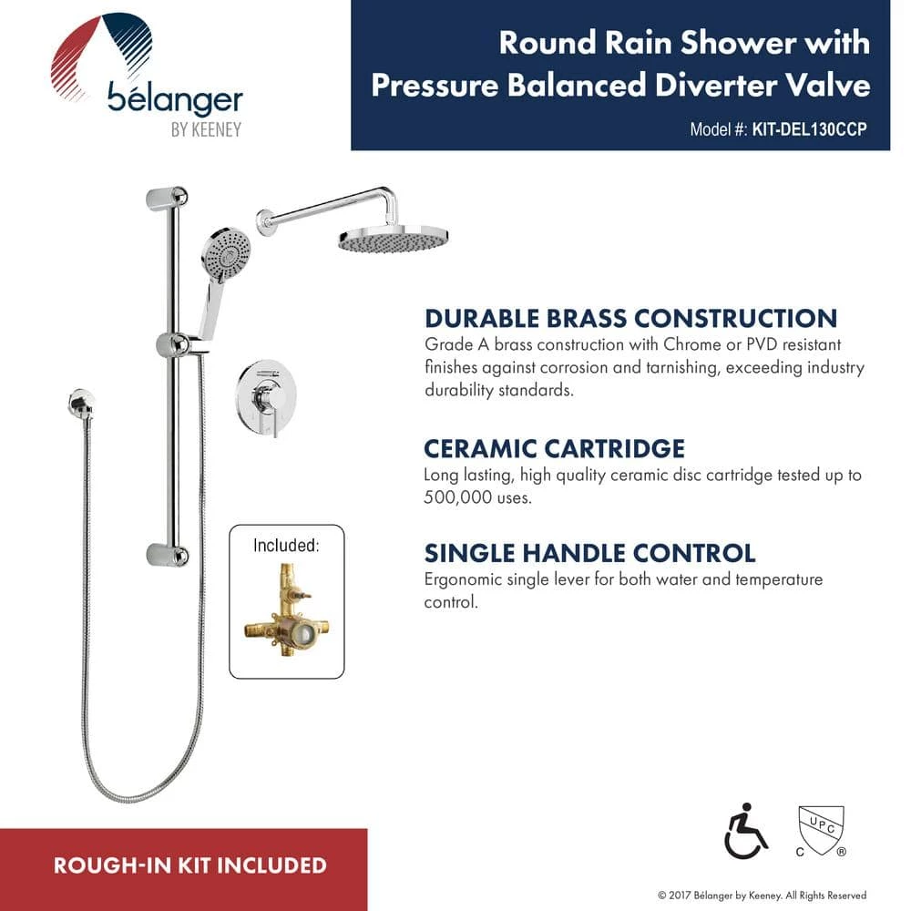 KEENEY Belanger 1-Spray Round Hand Shower and Showerhead from Wall Combo Kit with Slide Bar and Valve in Polished Chrome 2 KEENEY Belanger 1-Spray Round Hand Shower and Showerhead from Wall Combo Kit with Slide Bar and Valve in Polished Chrome - Image 2